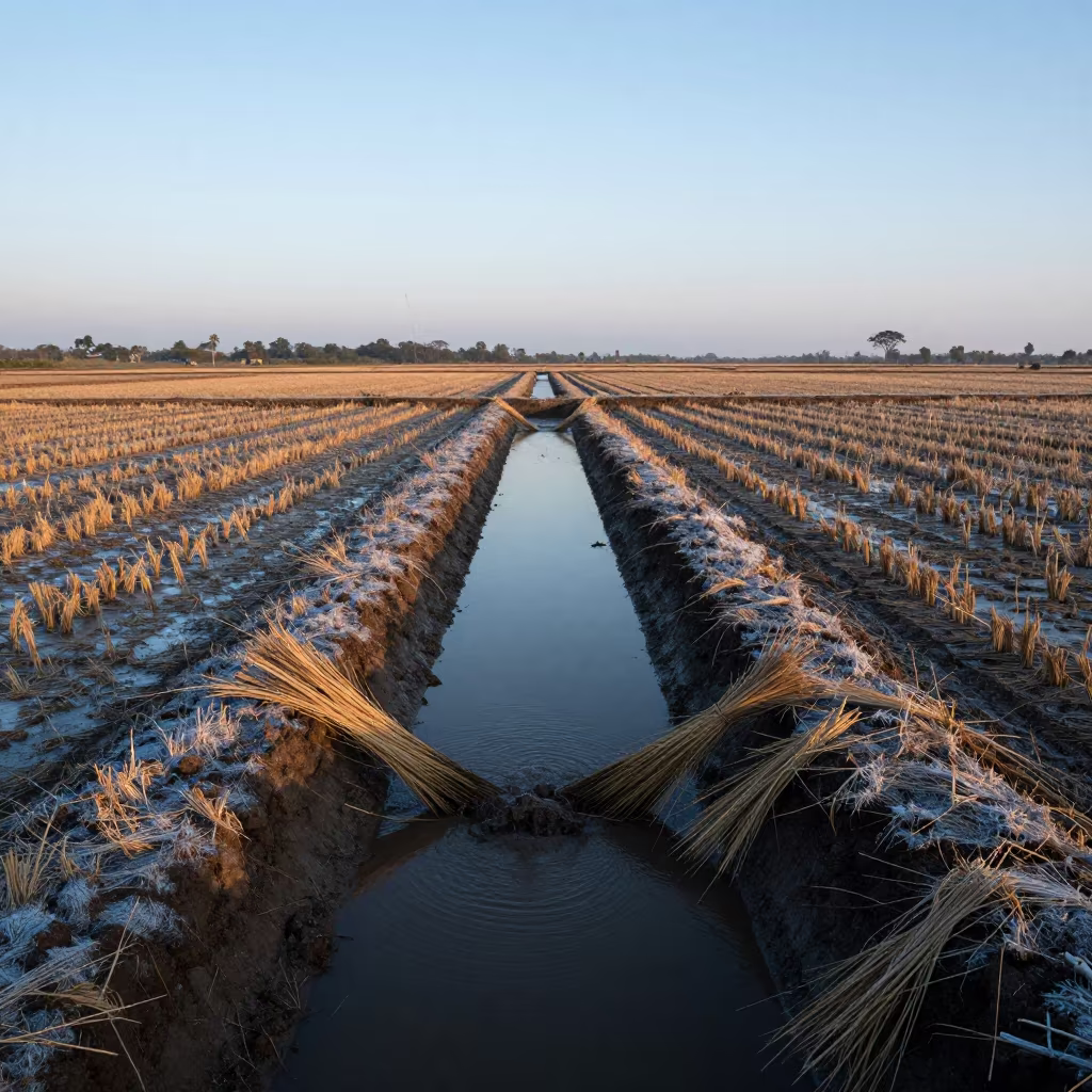 Irrigation Canals Before Sunrise in Tanzanian Rice Fields in across a harvested grain field near Dar es Salaam