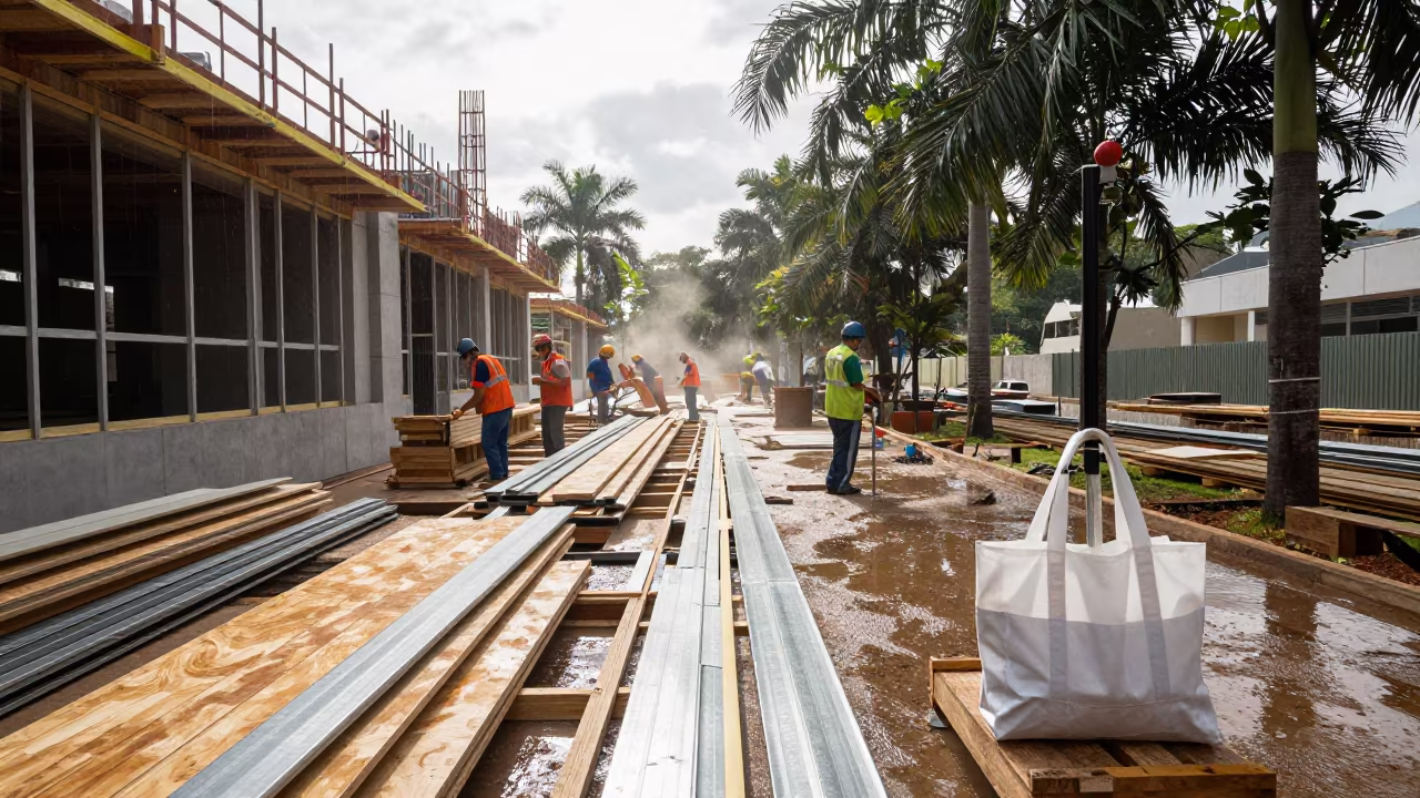 Irrigation Flag Tote Beside São Paulo Building Shell in beside a framed building shell near São Paulo