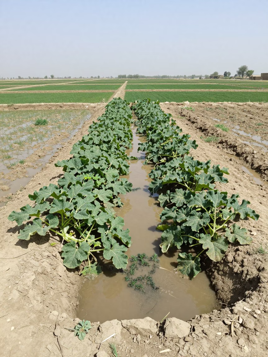Irrigation Runoff Pooling in Faisalabad Melon Vines in among terraced rice paddies in Faisalabad