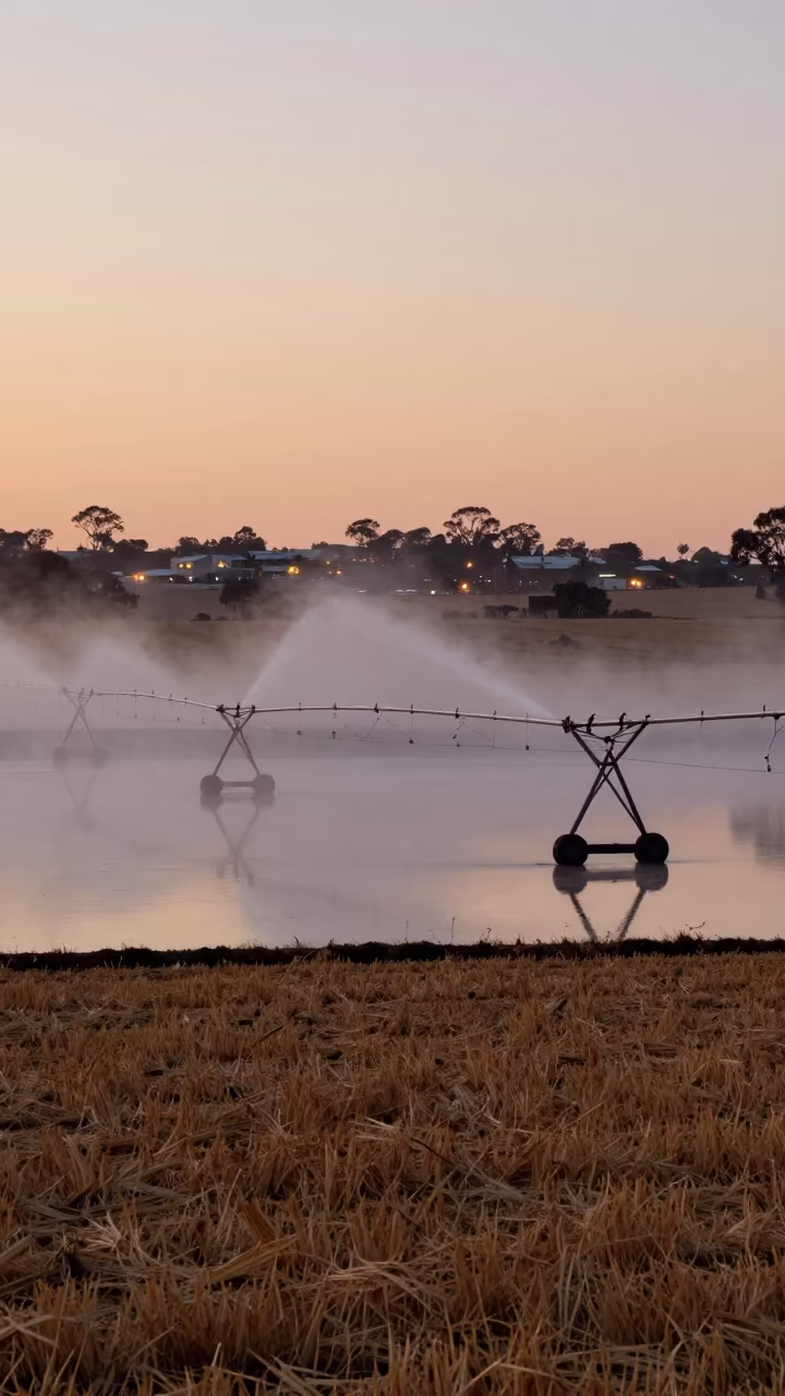 Irrigation Sprinklers Silhouetted Against Twilight Glow in across a harvested grain field in Western Australia