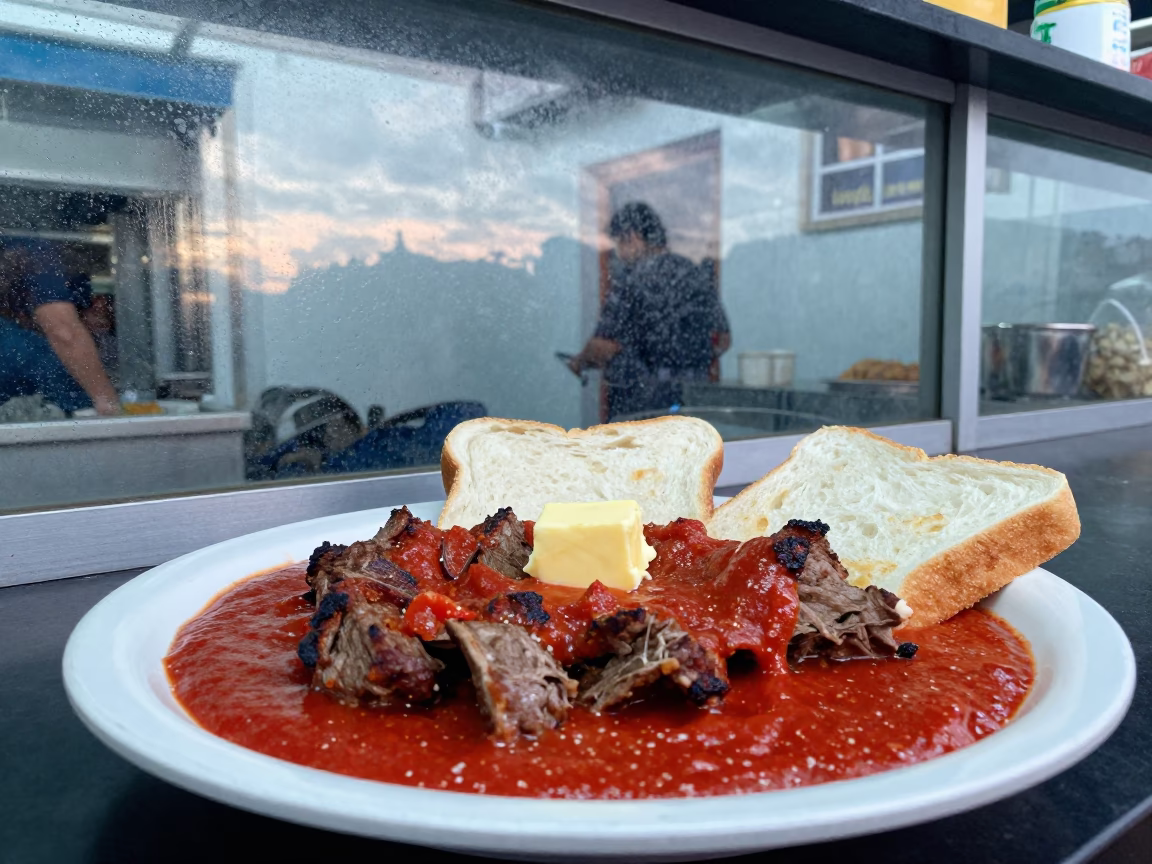 Iskender Kebab Plate with Tomato Sauce at Market Stall in at a market stall counter in Sao Luis
