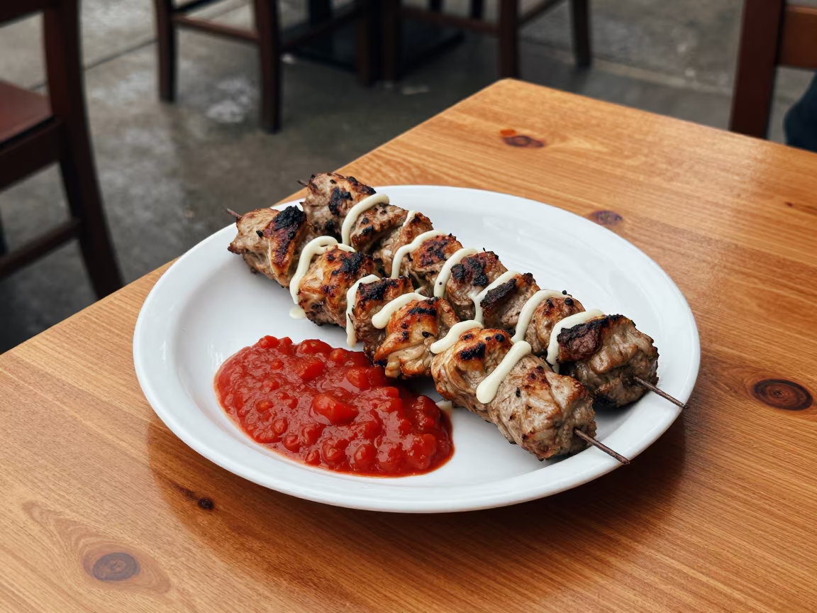 Plate of Iskender Kebab with Tomato Sauce in at a roadside diner table in Wałbrzych
