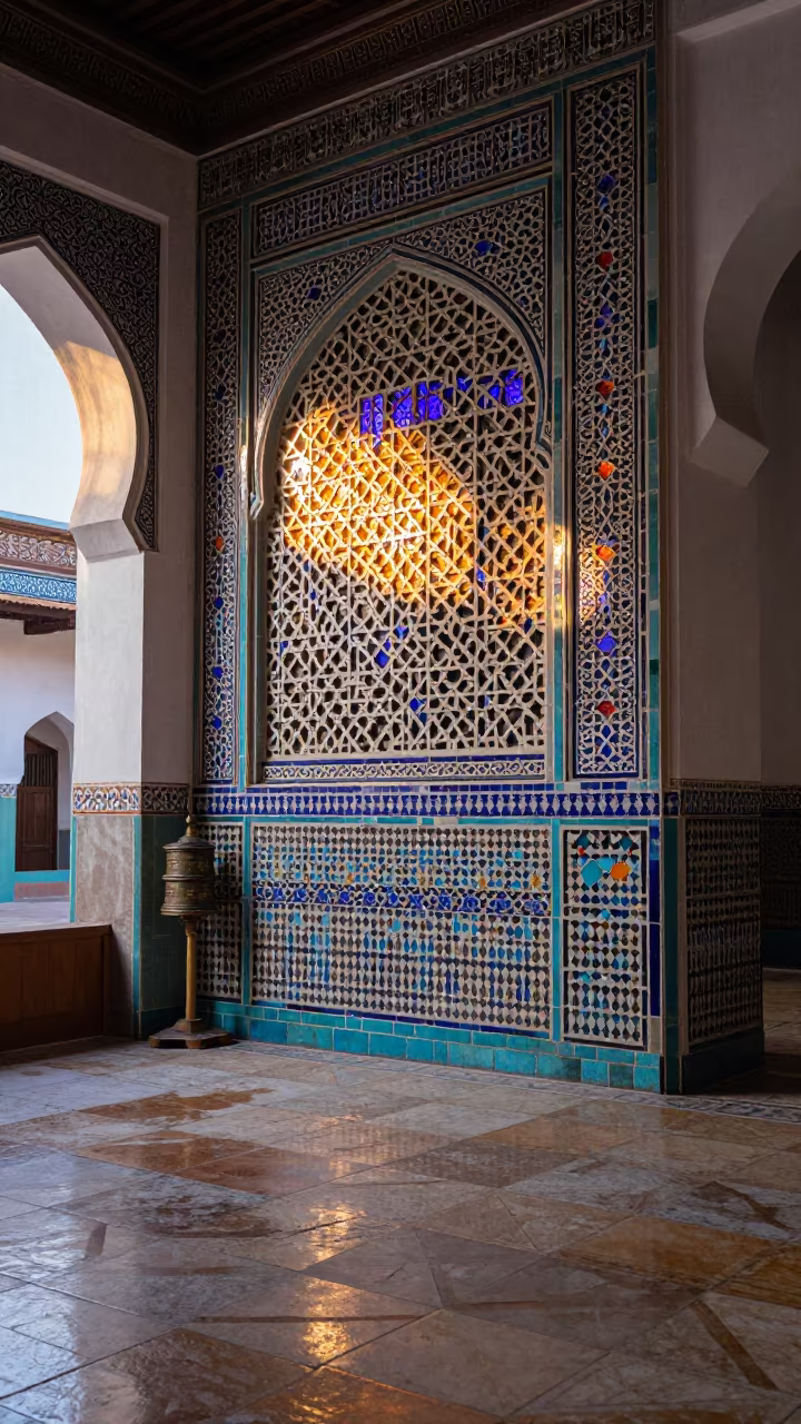 Islamic Geometric Tilework in Tonalá Madrasa in beside a prayer wheel corridor in Tonalá