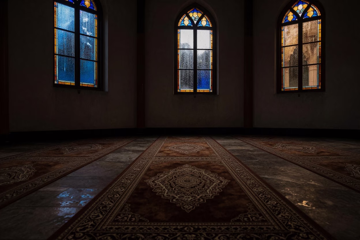 Islamic Prayer Rug in Kenema Chapel Night in in a chapel lit by stained glass in Kenema
