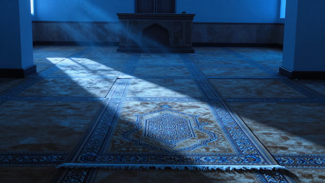 Islamic Prayer Rug at Stone Altar in Novosibirsk in at the foot of a stone altar in Novosibirsk