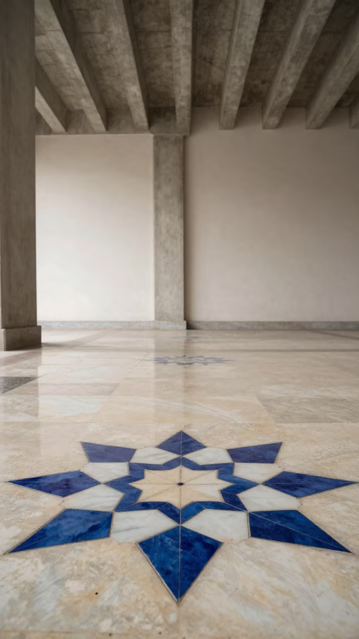 Islamic Star Tile Mosaic in Ribbed Concrete Lobby in inside a ribbed concrete lobby near Guéckédougou