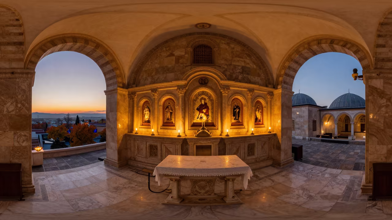 Isparta Cathedral Ambulatory Relics in Candlelight in at the foot of a stone altar in Isparta
