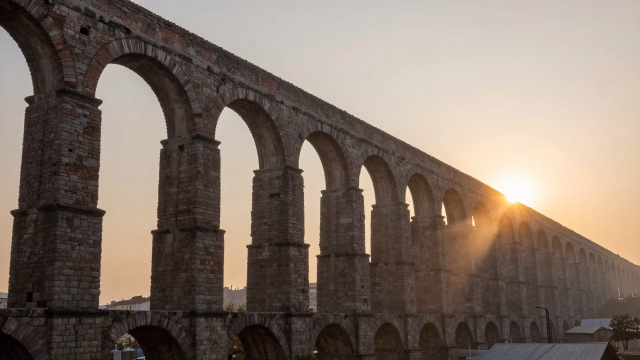 Istanbul Aqueduct Arcades Vanishing Into Haze As Sun Drops Horizon in in Istanbul, Turkey