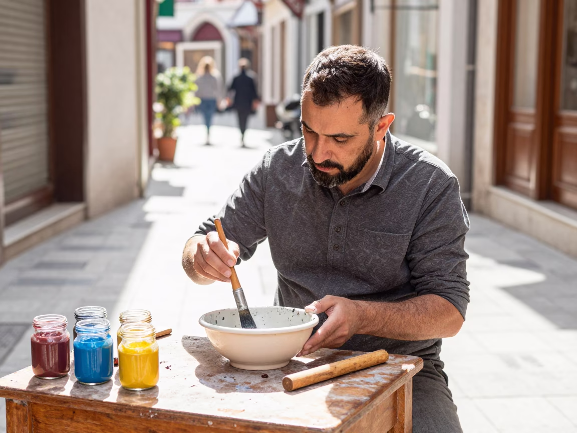 Istanbul Bazaar Artisan Mixing Pigments with Brush and Bowl in Bright Midmorning Light in in Istanbul, Turkey