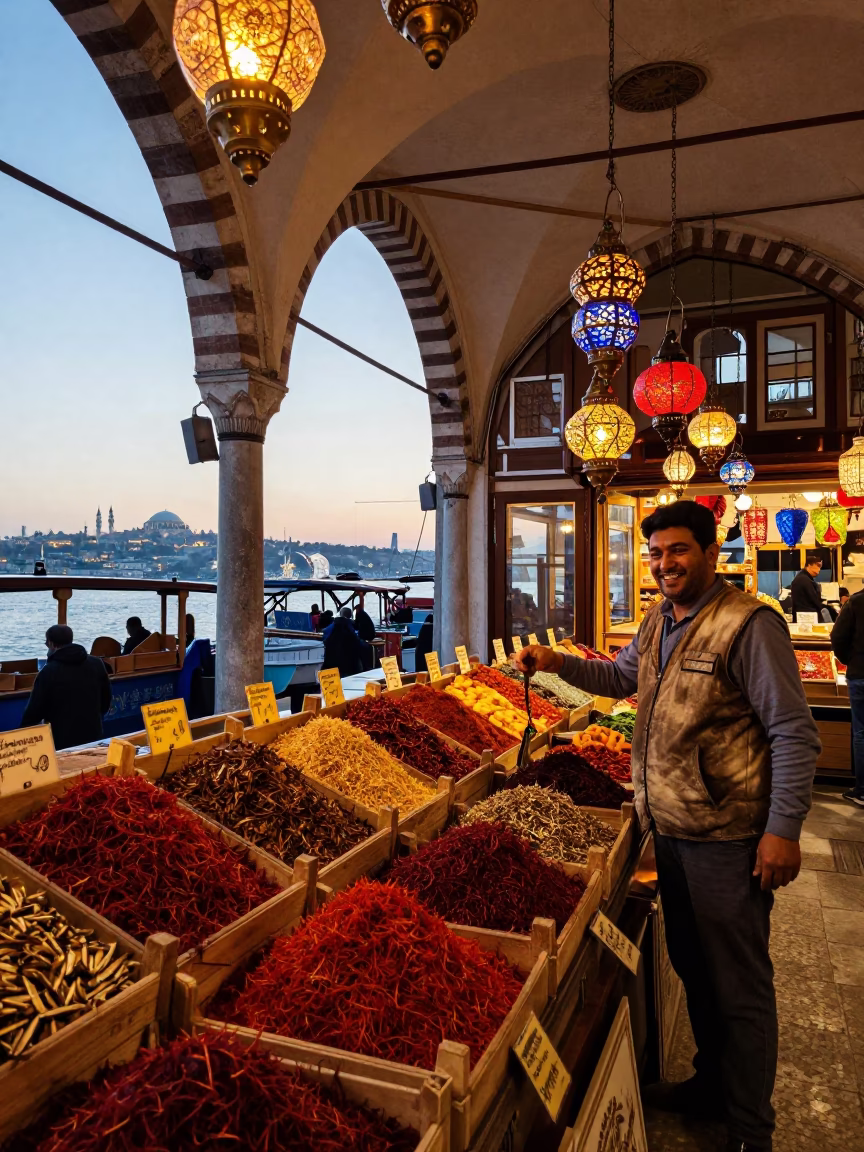 Istanbul Bazaar at Nautical Dawn with Lanterns and Cargo Ships on Horizon in in Istanbul, Turkey