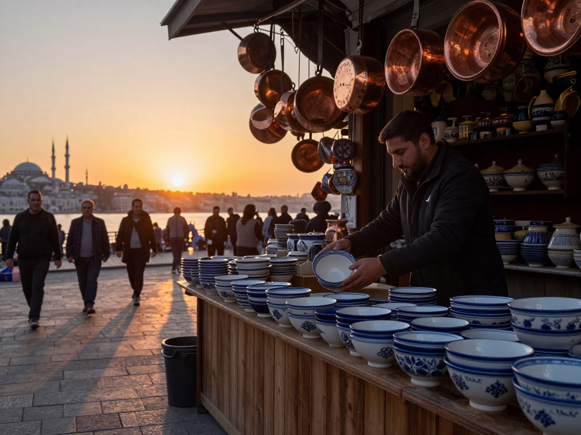 Istanbul Bazaar Stall at Dusk with Ceramic Bowls and Copper Wares in in Istanbul, Turkey