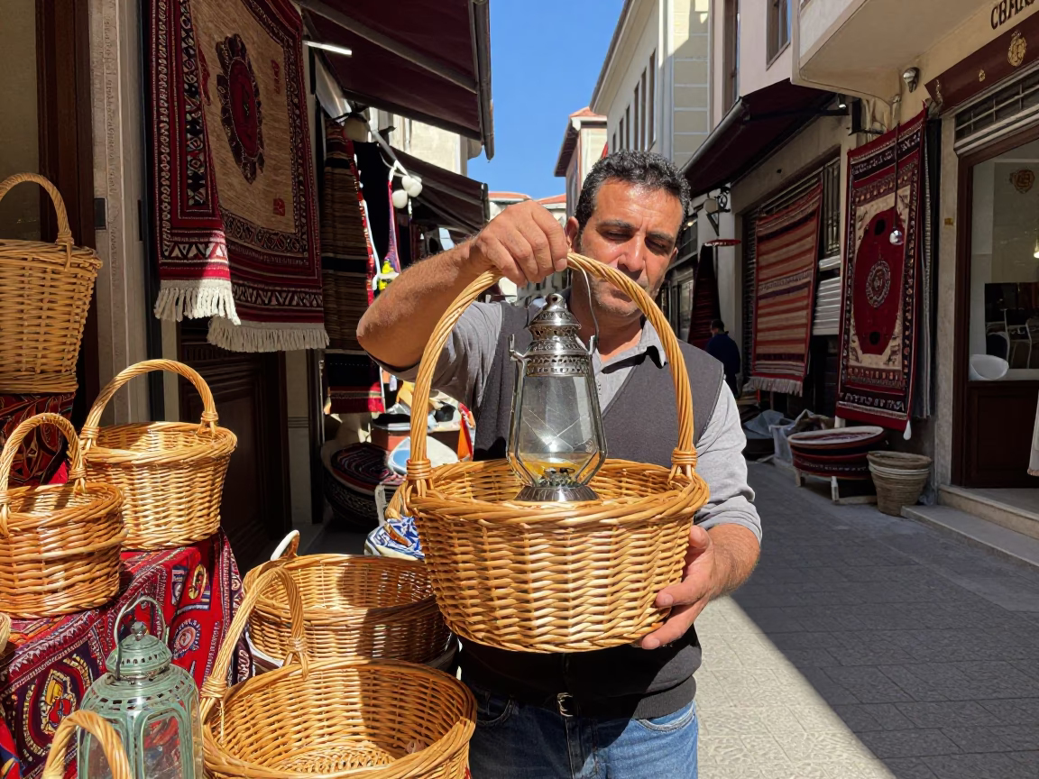 Istanbul Bazaar Vendor Displaying Wicker Basket and Glass Handle Near Galata Bridge at Midday in in Istanbul, Turkey