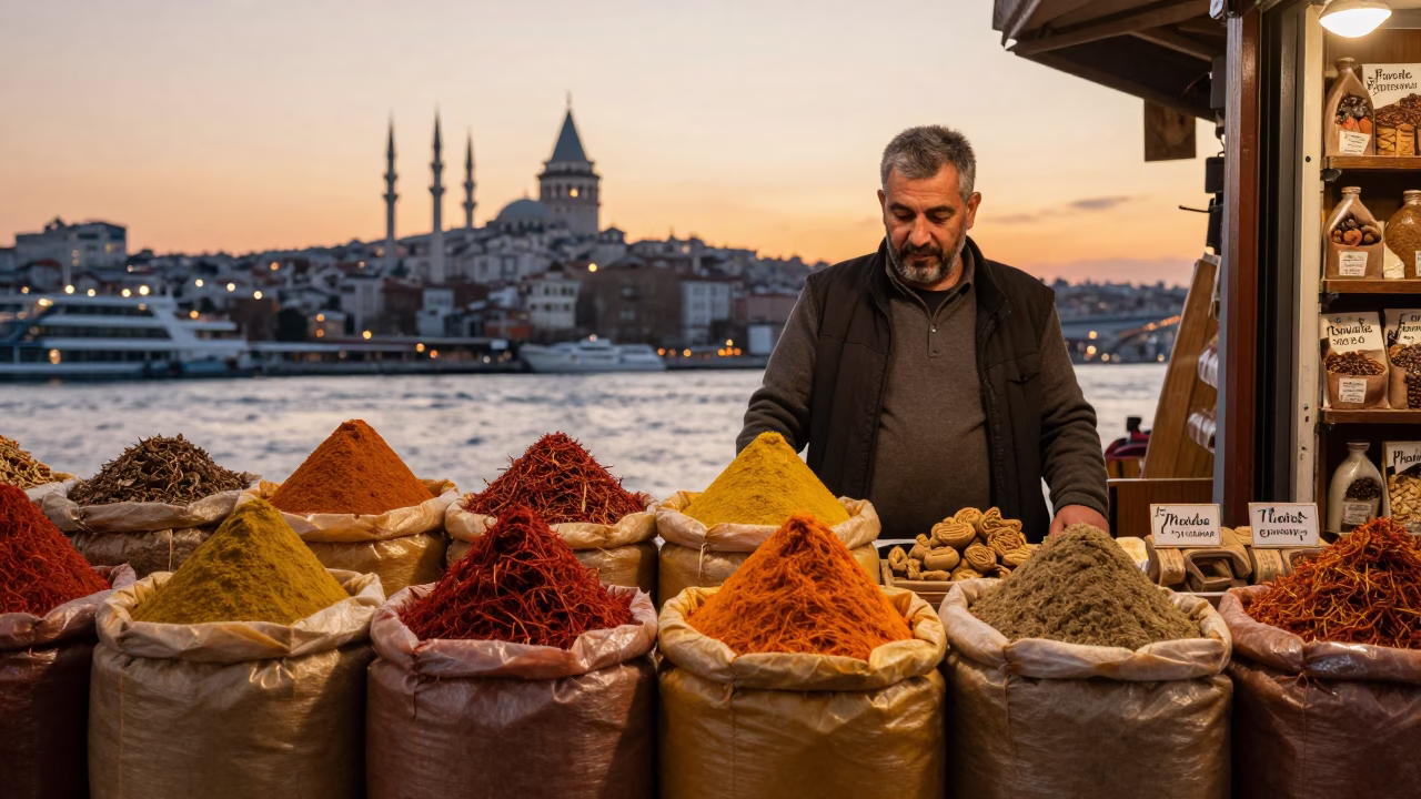 Istanbul Bazaar Vendor Selling Spices Near Galata Bridge at Sunset in in Istanbul, Turkey