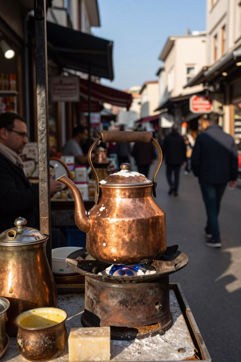 Istanbul Bazaar Vendor with Vintage Kettle and Soap Residue in Late Afternoon Light in in Istanbul, Turkey