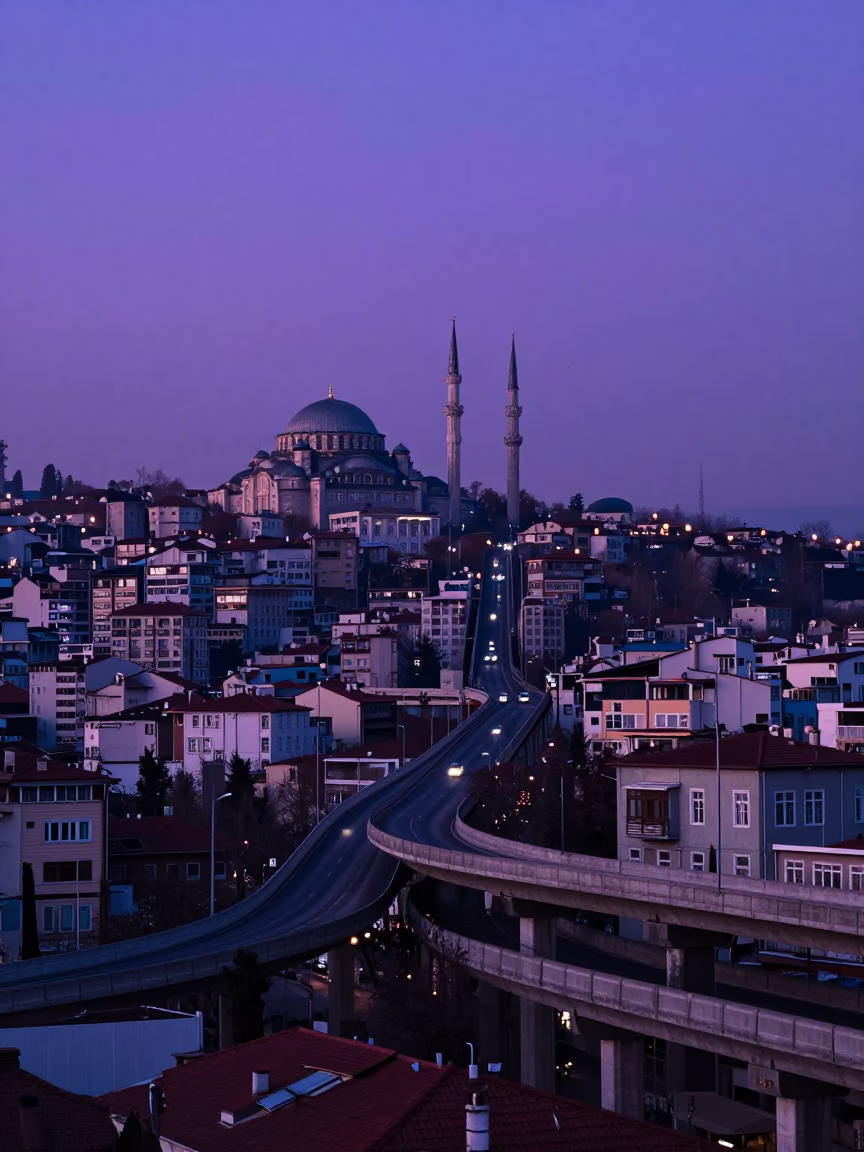 Istanbul Blue Hour Cityscape with Overpass Ramp Slicing Violet Sky in in Istanbul, Turkey