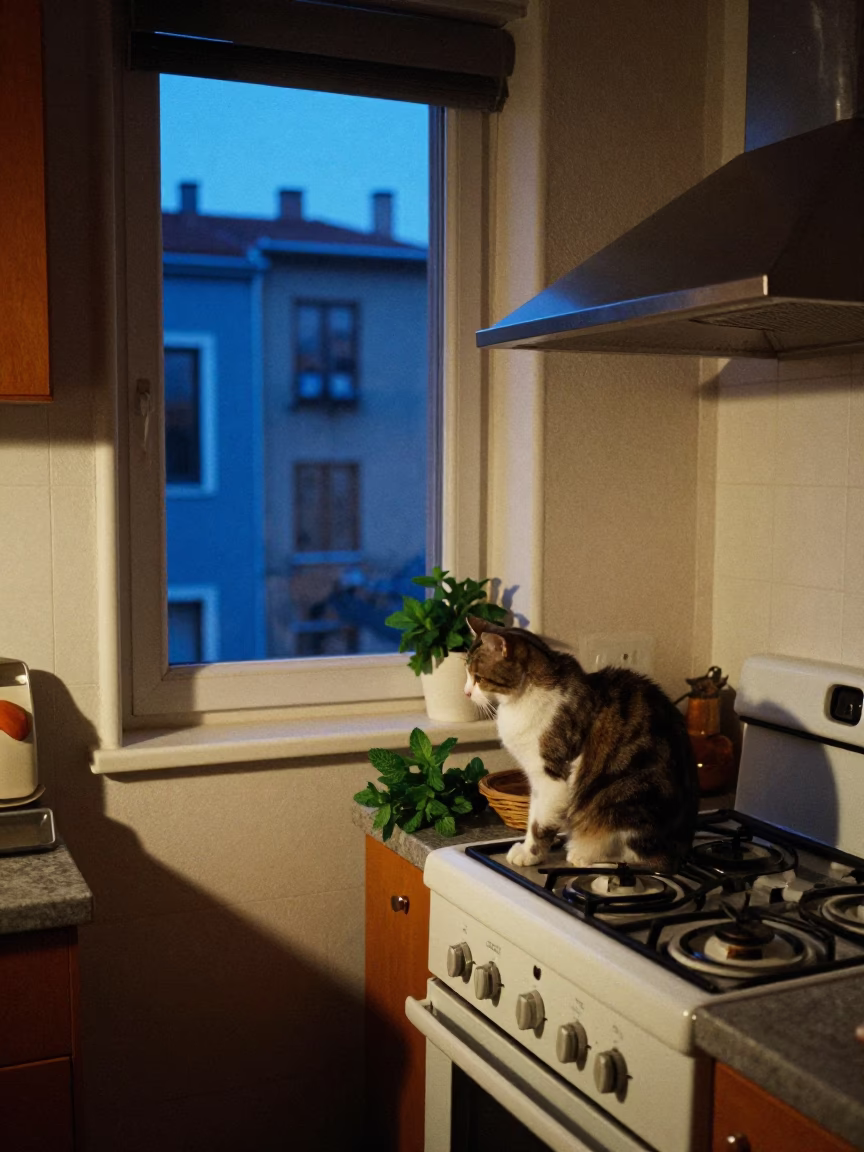 Istanbul Blue Hour Kitchen Interior with Cat and Mint Leaves in in Istanbul, Turkey
