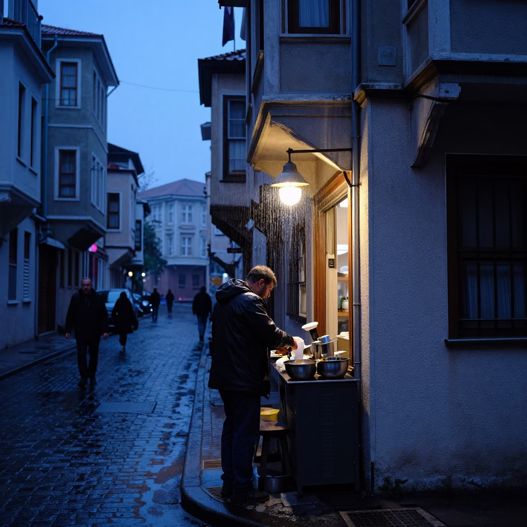 Istanbul Blue Hour Street Scene with Condensation and Local Life in in Istanbul, Turkey