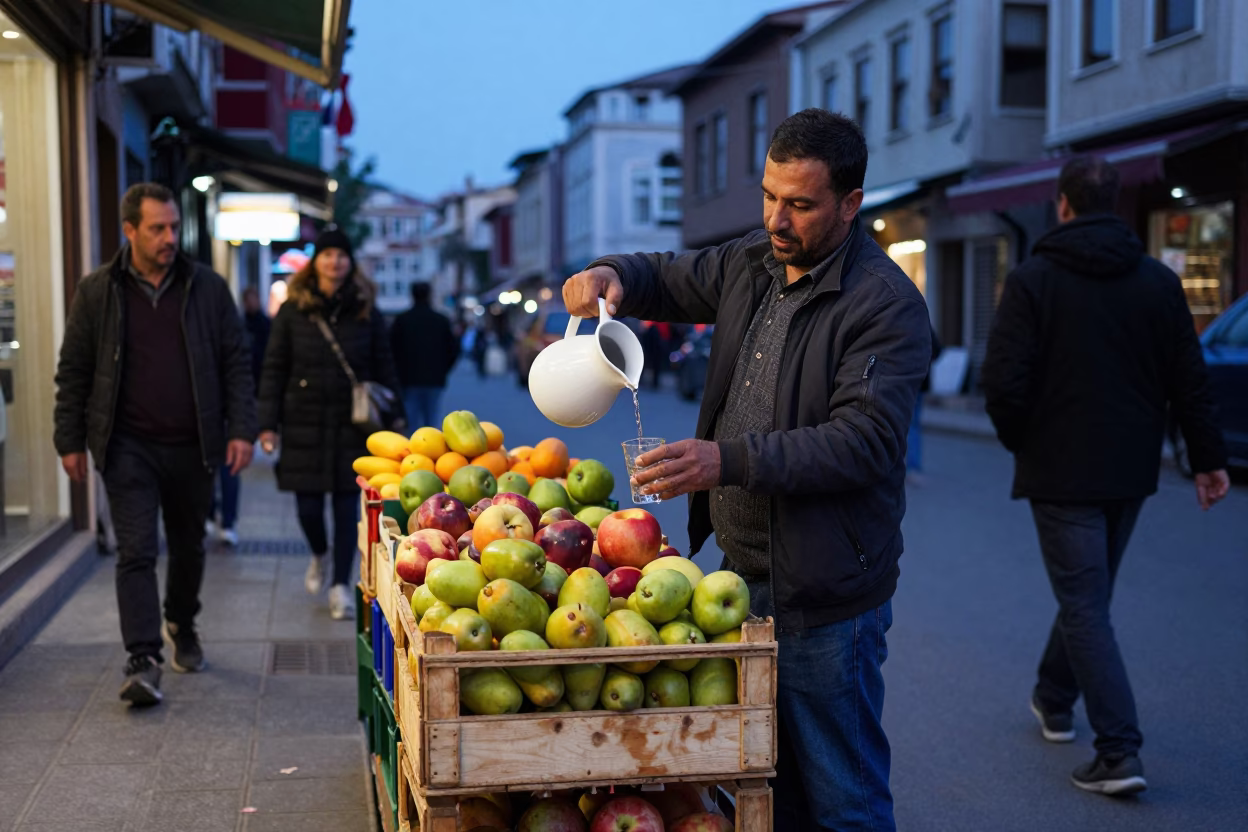 Istanbul Blue Hour Street Scene with Fruit Crate and Pitcher in in Istanbul, Turkey