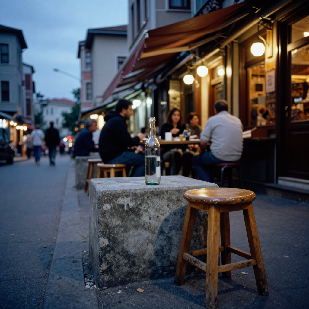 Istanbul Blue Hour Street Scene with Glass Bottle and Wooden Stool in in Istanbul, Turkey