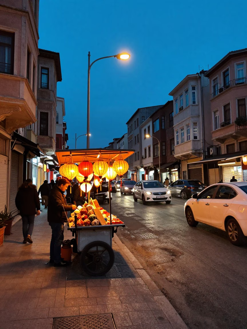 Istanbul Blue Hour Street Scene with Lanterns and Traffic in in Istanbul, Turkey