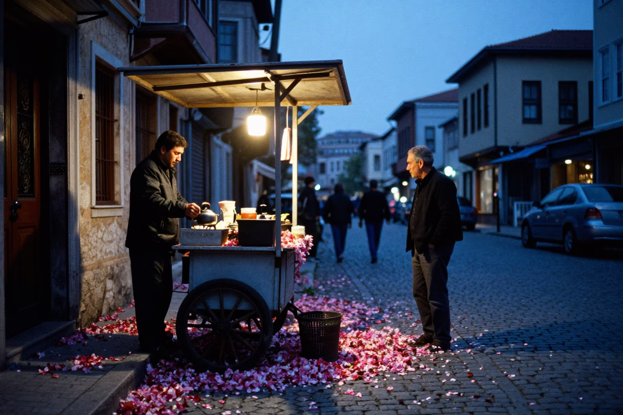 Istanbul Blue Hour Street Scene with Petals and Kettle Light in in Istanbul, Turkey