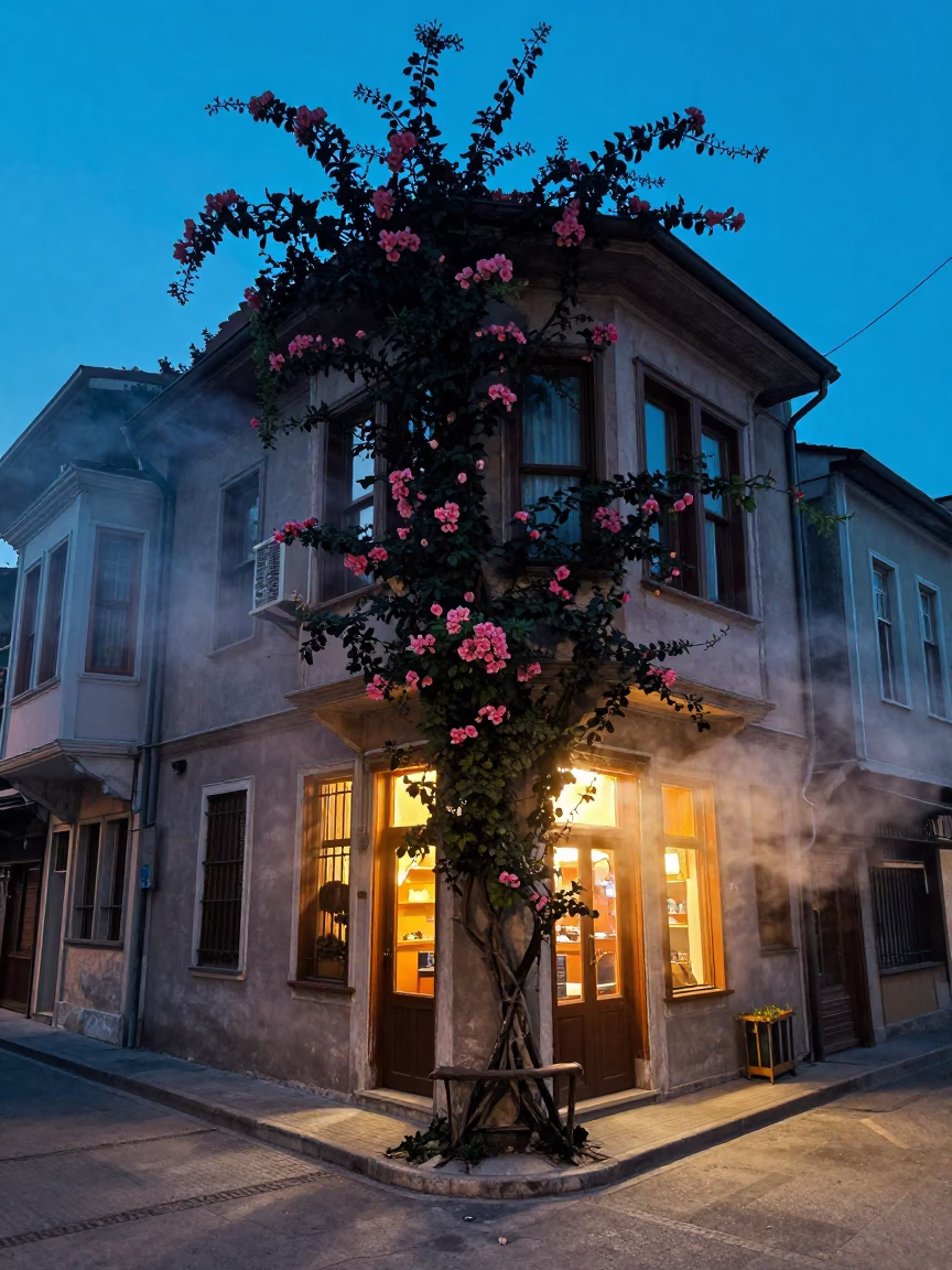 Istanbul Blue Hour Street Scene with Steam Haze and Flowering Vine in in Istanbul, Turkey