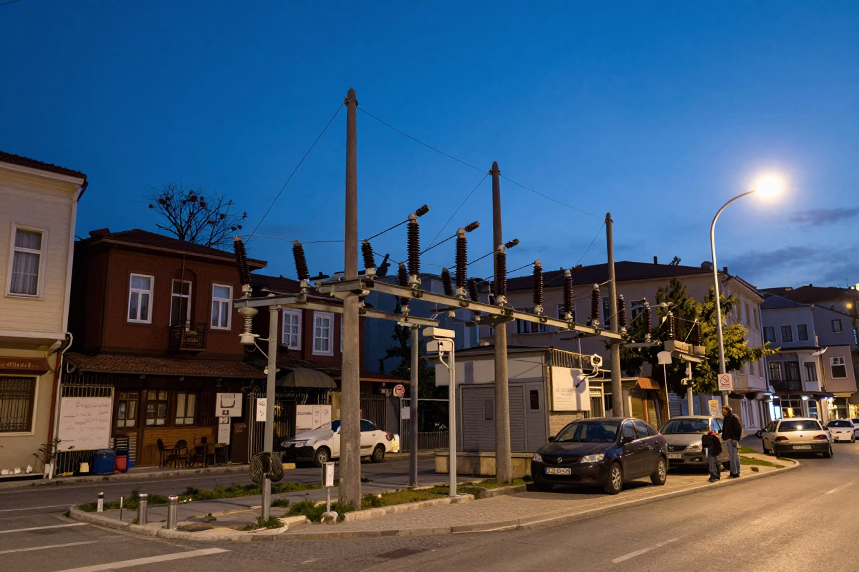 Istanbul Blue Hour Street Scene with Substation Insulators and Local Life in in Istanbul, Turkey