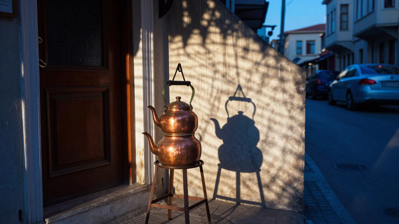 Istanbul Blue Hour Street Scene with Tea Kettles and Wicker Shadow in in Istanbul, Turkey