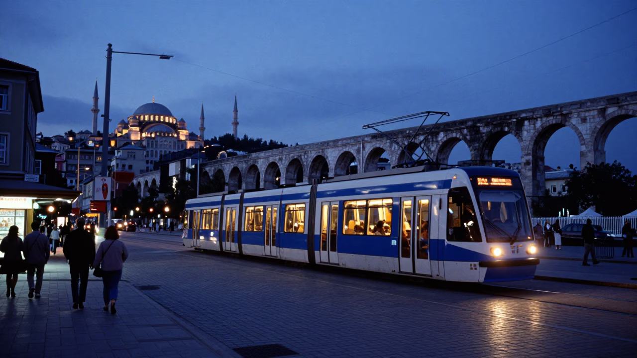 Istanbul Blue Hour Street Scene with Tram and Aqueduct Arcade in in Istanbul, Turkey