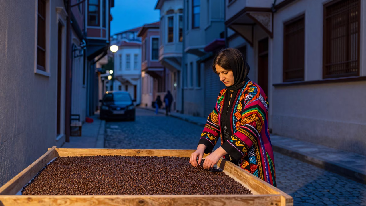 Istanbul Blue Hour Street Scene with Woman Sorting Coffee Beans and Traditional Drying Bed in in Istanbul, Turkey