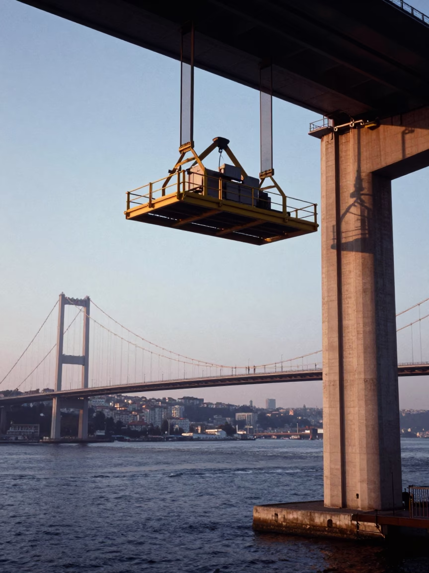 Istanbul Bosphorus Bridge Maintenance Cradle Hanging Above Green River Water at Dawn in in Istanbul, Turkey