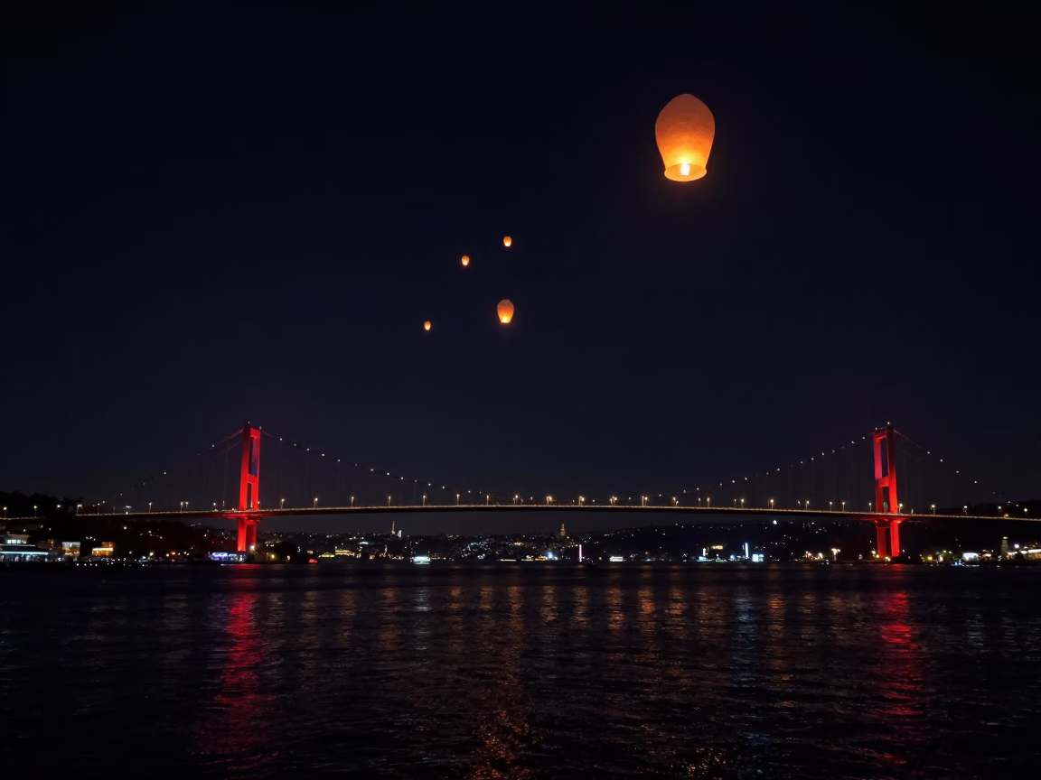 Istanbul Bosphorus Bridge Night Sky Lantern Festival Traditional Tea Cup in in Istanbul, Turkey