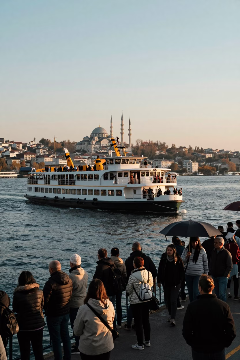 Istanbul Bosphorus Evening Ferry Crossing with Local Commuters and City Skyline in in Istanbul, Turkey