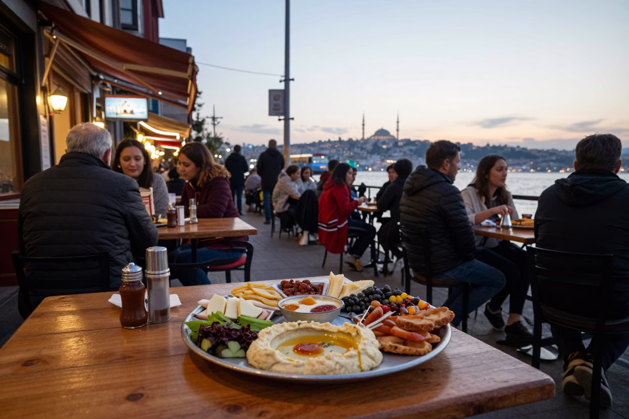 Istanbul Bosphorus Evening Street Scene with Traditional Mezze Platter in in Istanbul, Turkey