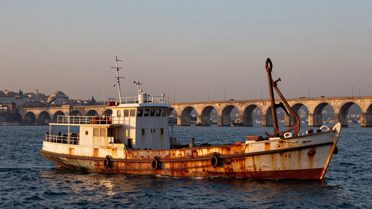 Istanbul Bosphorus Evening View Rusty Junk Boat Anchor and Aqueduct Arch in in Istanbul, Turkey