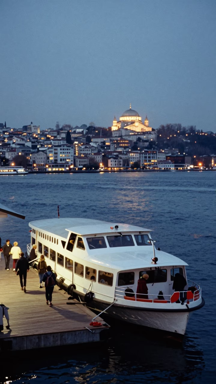 Istanbul Bosphorus Evening Water Taxi Dock Scene with Eggplants and Deck Chairs in in Istanbul, Turkey