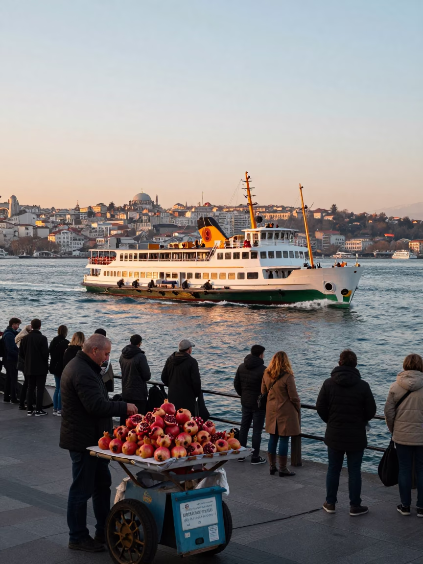 Istanbul Bosphorus Ferry at Dawn with Pomegranate Vendor and Urban Landscape in in Istanbul, Turkey