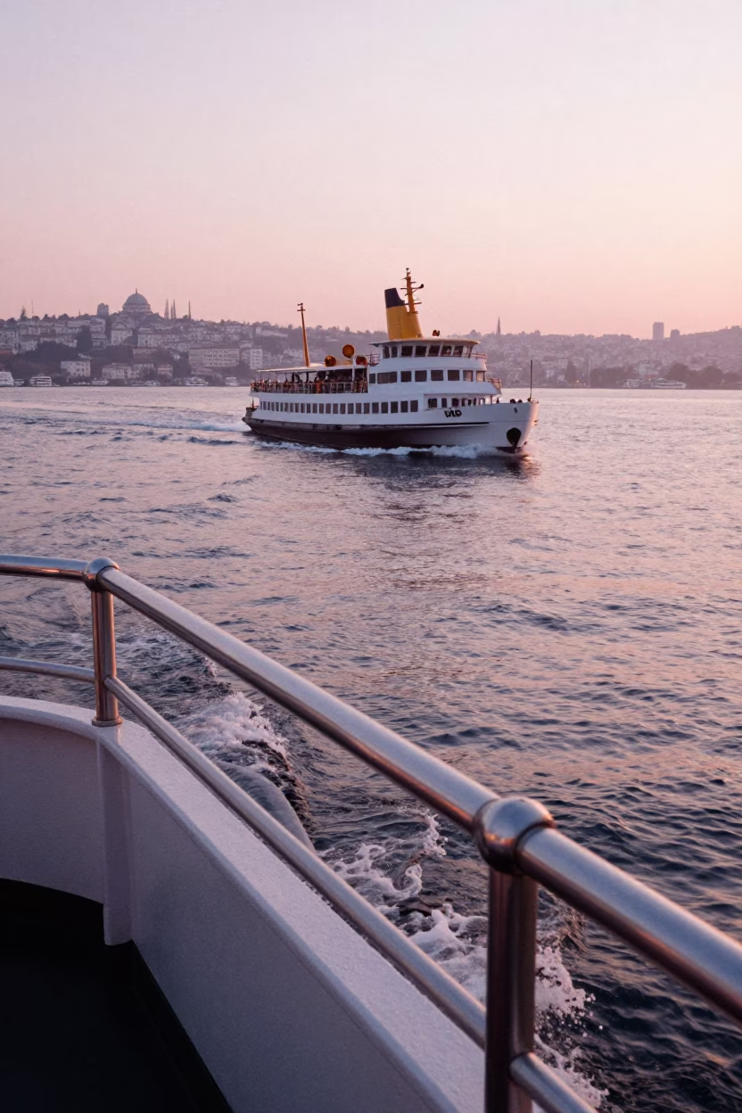 Istanbul Bosphorus Ferry at Sunrise with Brushed Steel Handle and Clay Pot Detail in in Istanbul, Turkey