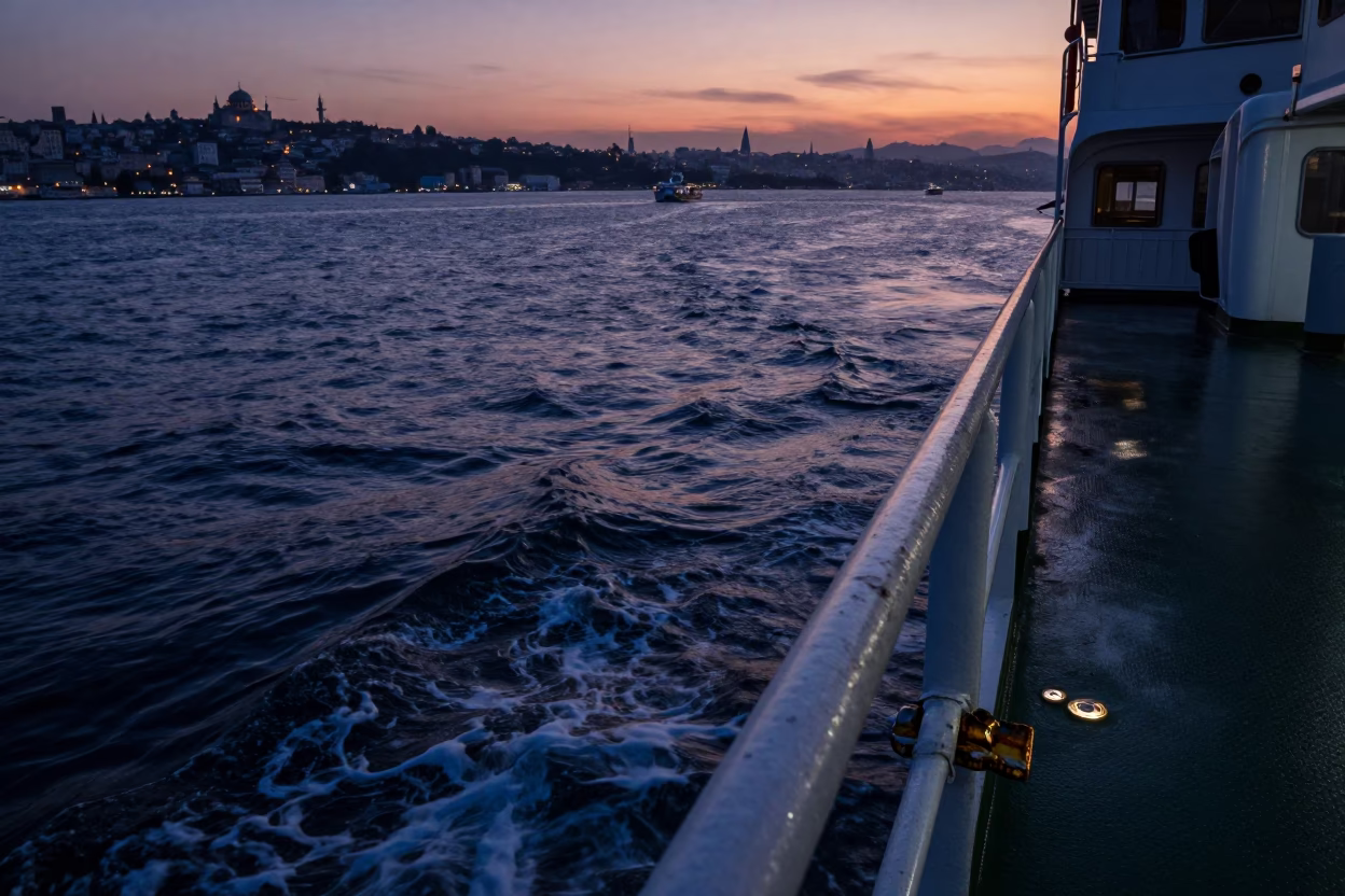 Istanbul Bosphorus Ferry Deck at Nautical Dawn with Iron Deadbolt Detail and Chestnut Husks in in Istanbul, Turkey