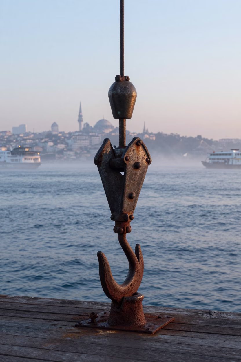 Istanbul Bosphorus Ferry Dock Iron Hook and Morning Mist Before Sunrise in in Istanbul, Turkey