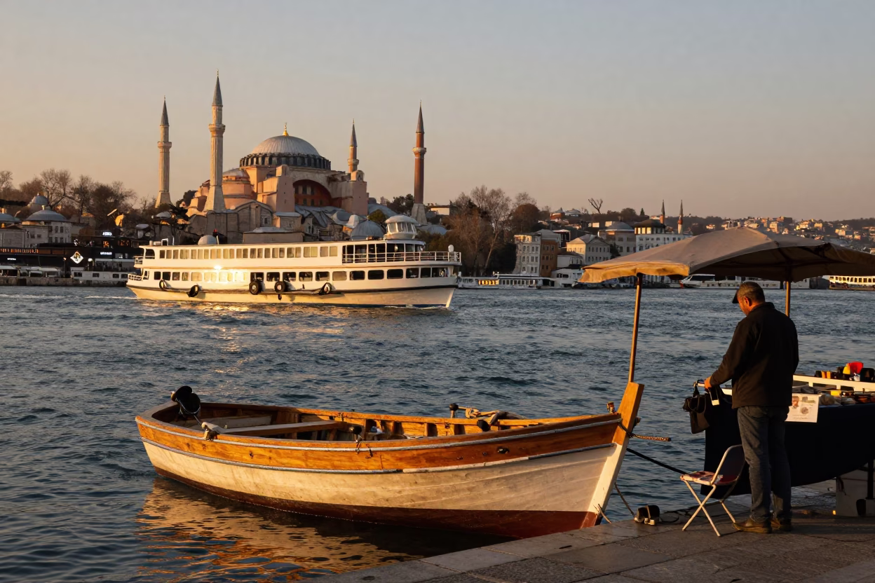 Istanbul Bosphorus Ferry Evening Light with Street Vendor and Apothecary Jar in in Istanbul, Turkey