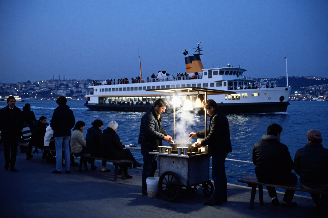 Istanbul Bosphorus Ferry Terminal Pre-Dawn Waiting Area with Local Commuters and Street Vendor in in Istanbul, Turkey