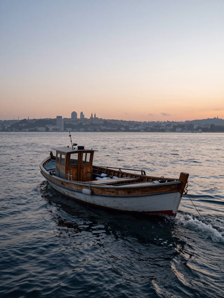 Istanbul Bosphorus Fishing Boat Return at Dawn Before Sunrise in in Istanbul, Turkey