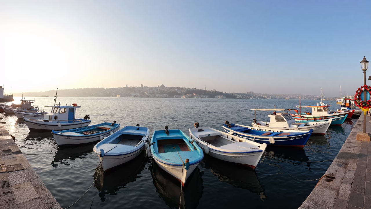 Istanbul Bosphorus Morning Fishing Boats and Colorful Door Wreaths in in Istanbul, Turkey