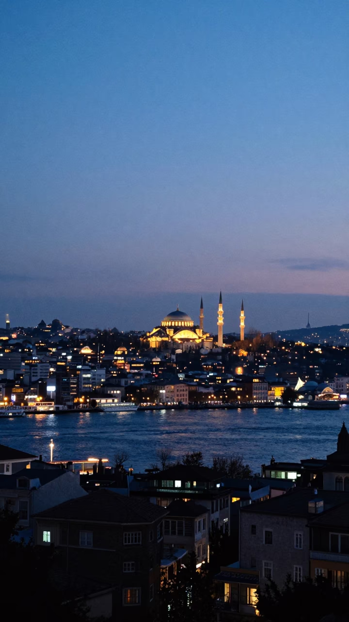 Istanbul Bosphorus Strait City Lights Glow Evening Landscape Horizon Shot in in Istanbul, Turkey
