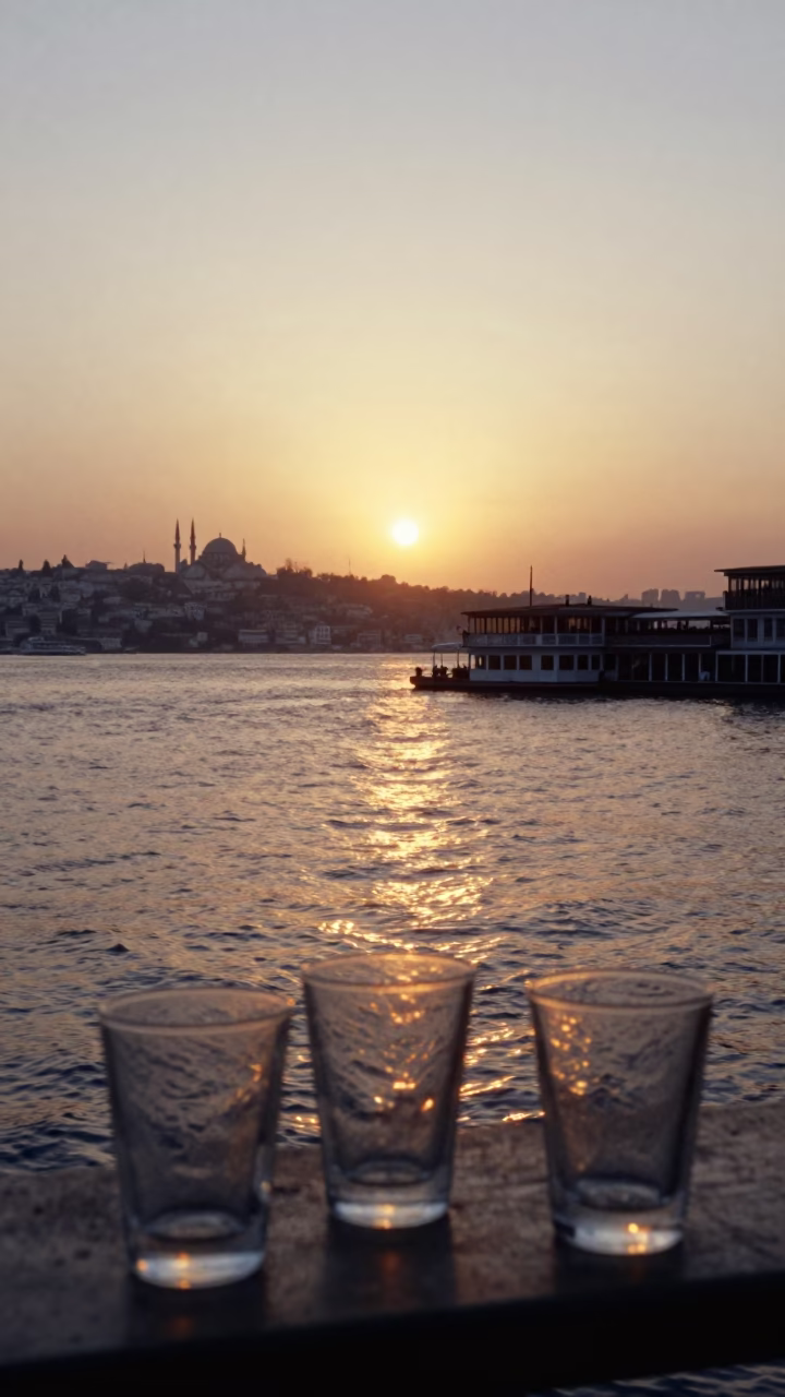 Istanbul Bosphorus Sunset Harbor View with Glass Tumblers and Urban Skyline in in Istanbul, Turkey
