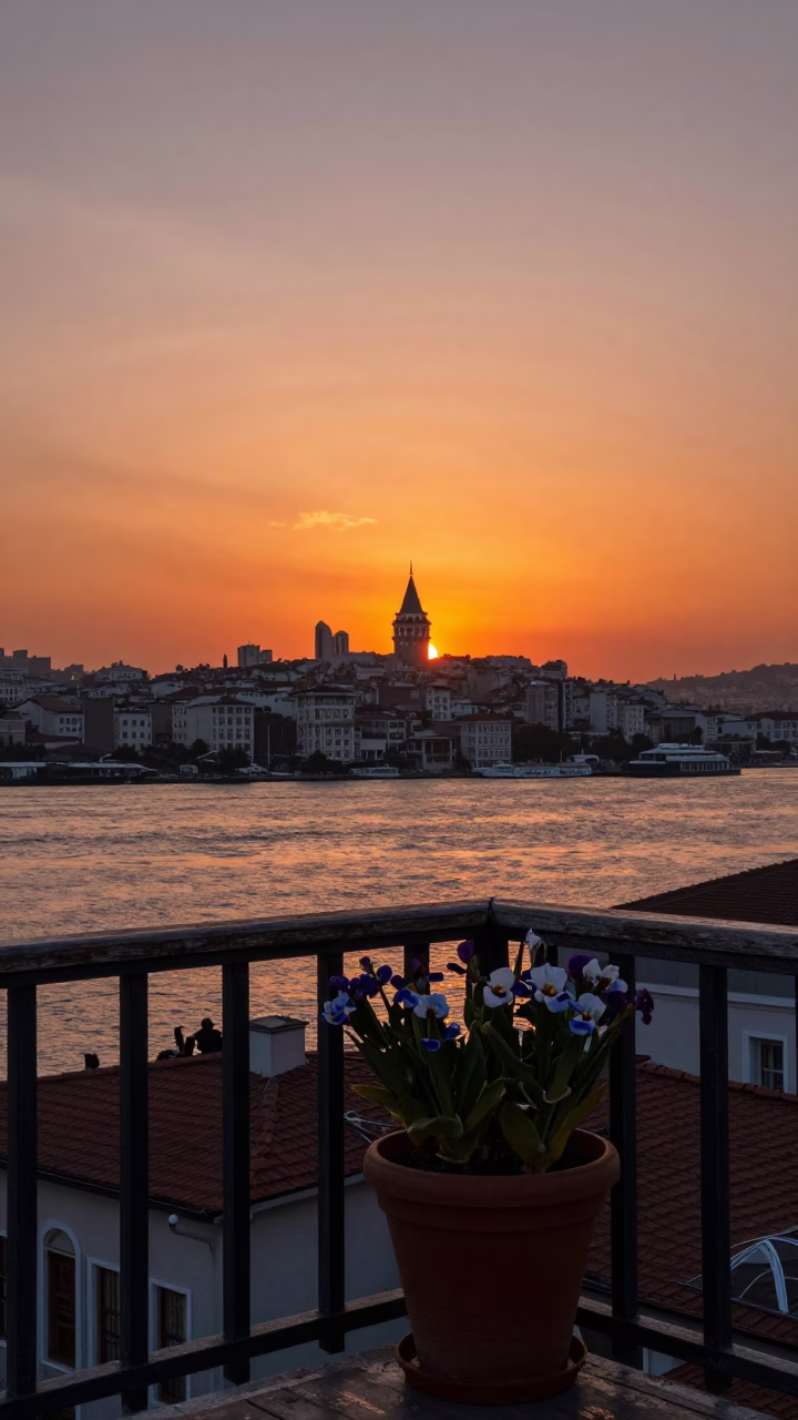 Istanbul Bosphorus Sunset View from Balcony with Potted Iris and Ceramic Bowl in in Istanbul, Turkey