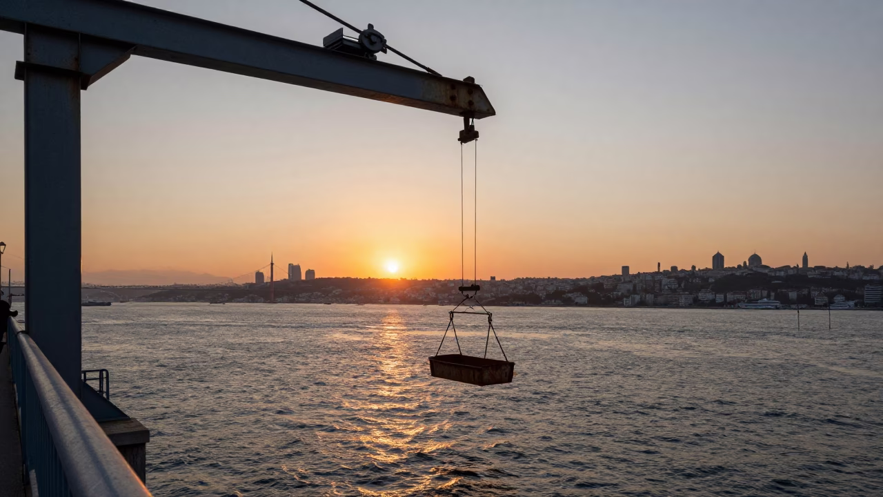 Istanbul Bosphorus Sunset View from Bridge Maintenance Cradle with City Skyline in in Istanbul, Turkey