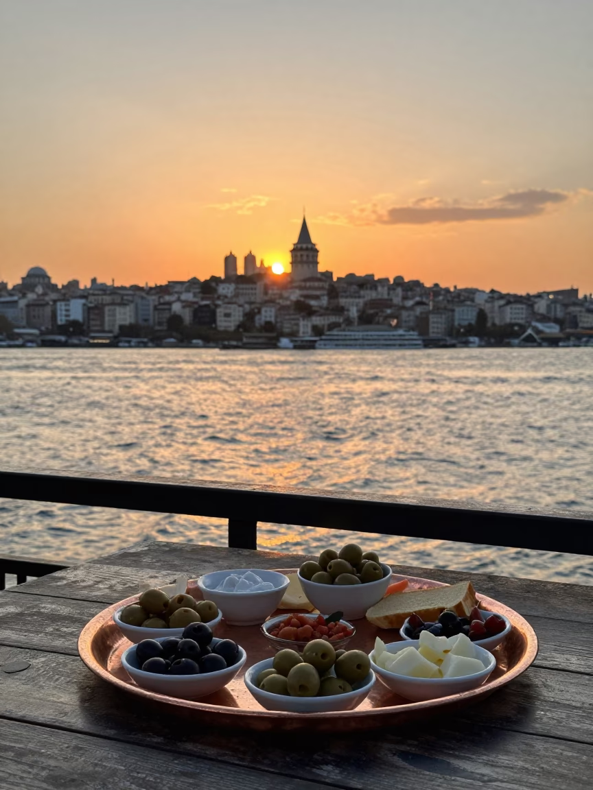 Istanbul Bosphorus Sunset View from Galata Bridge with Copper Mezze Tray and City Skyline in in Istanbul, Turkey