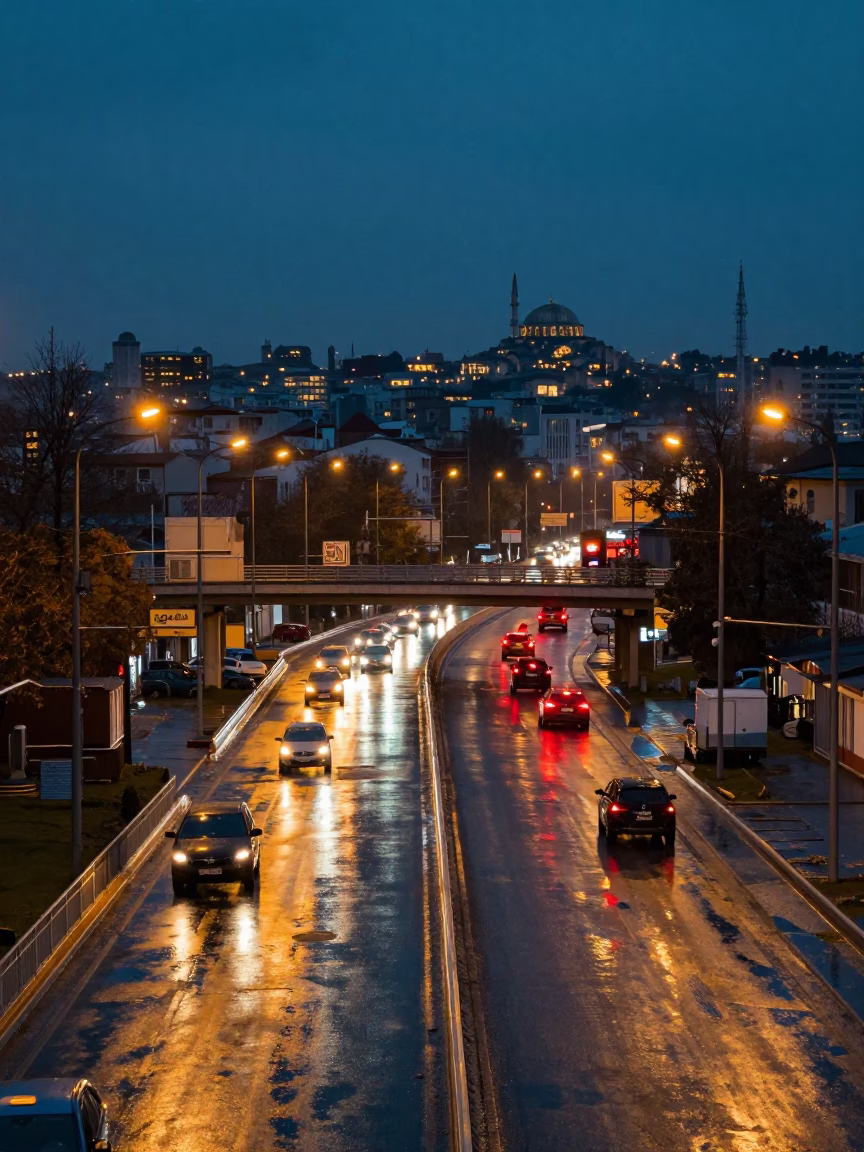 Istanbul City Lights Glow Over Rain-Slicked Overpass Interchange Taillights at Dusk in in Istanbul, Turkey